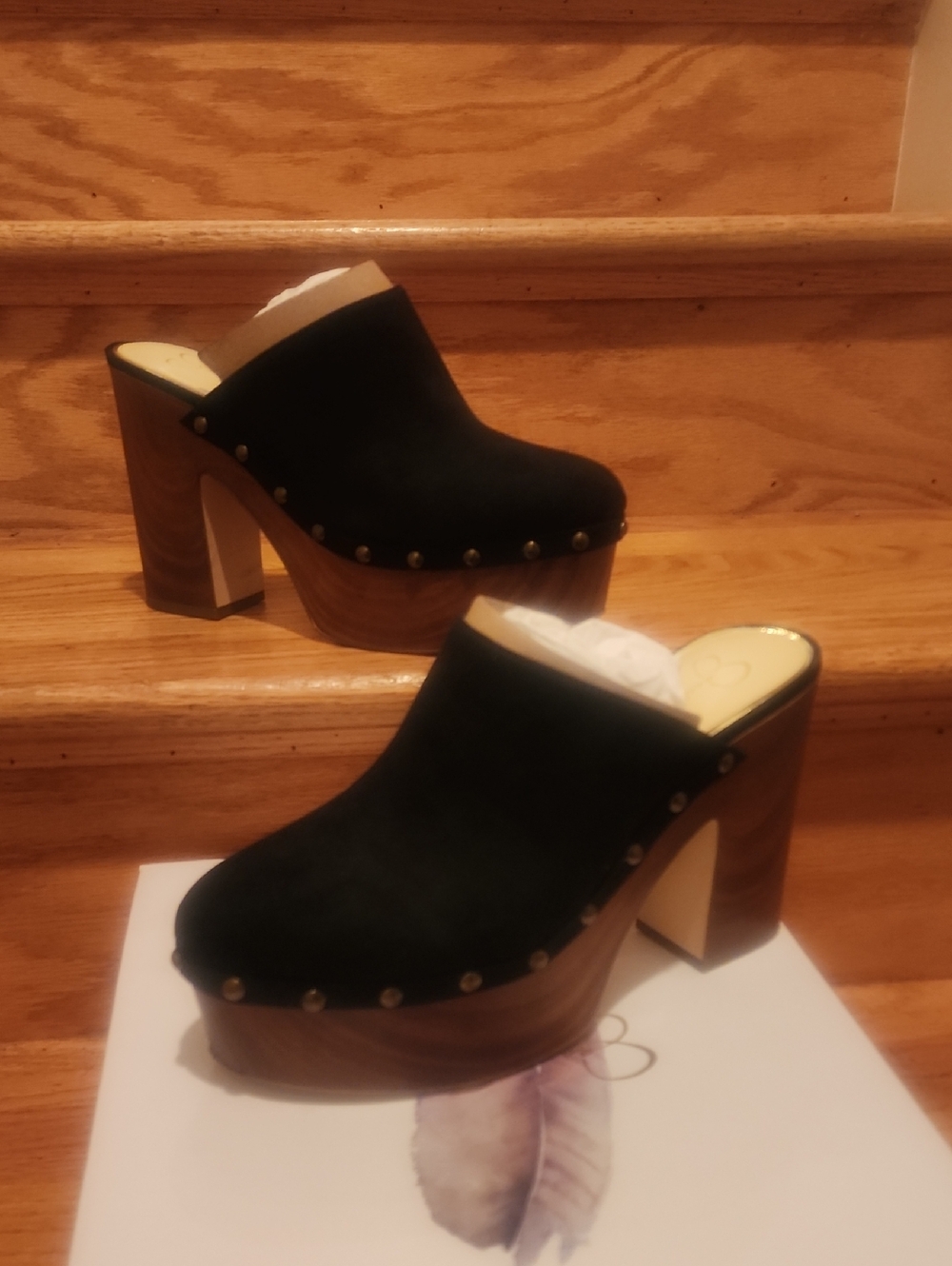 Jessica Simpson "Dalila" Black Supreme Microsuede Mules Brass Studs Platform 9.5
